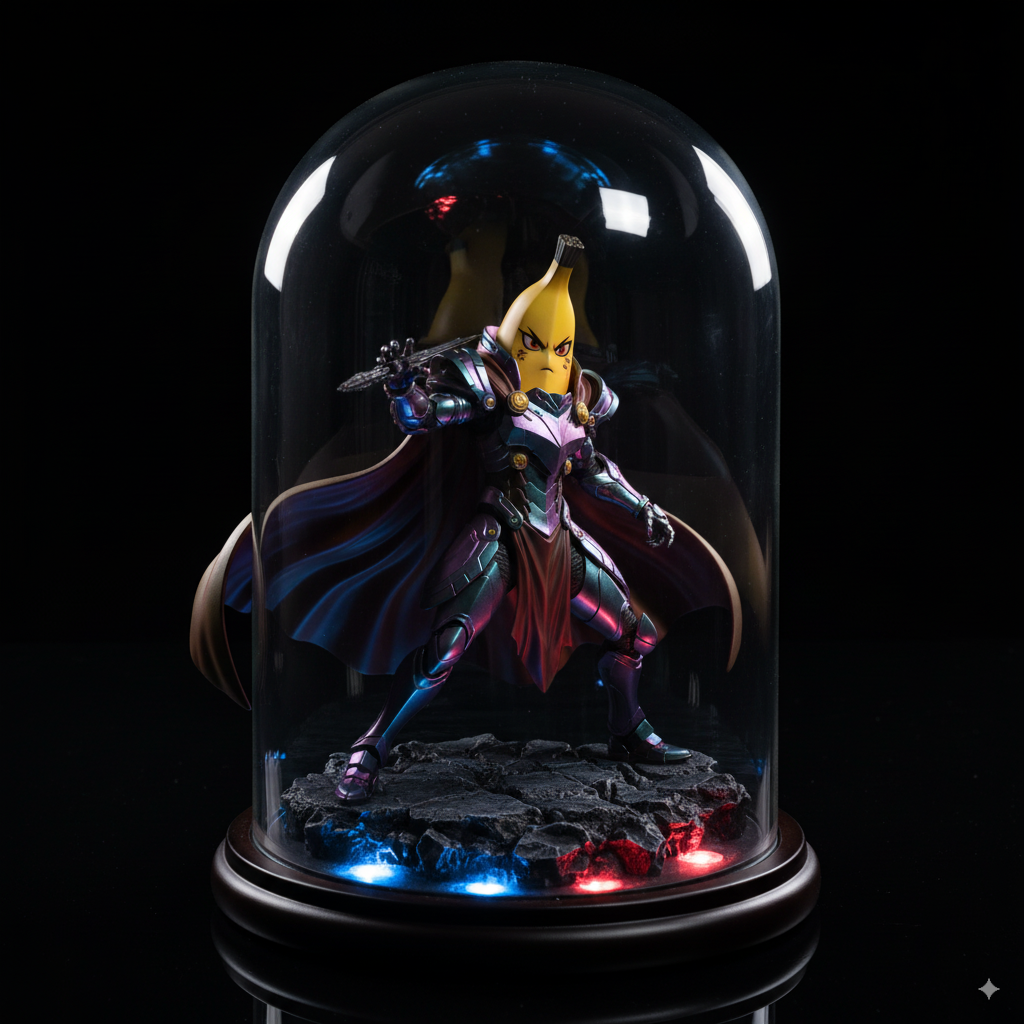 nano-banana figurine, 1:6 anime scale, dramatic battle posture, billowing cloak dynamics, iridescent metallic armor, illuminated display base, high-end product shoot